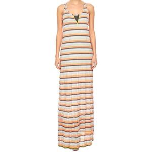 T-Party Women Grey Orange Striped Racerback Maxi Dress Small Petite TR46235